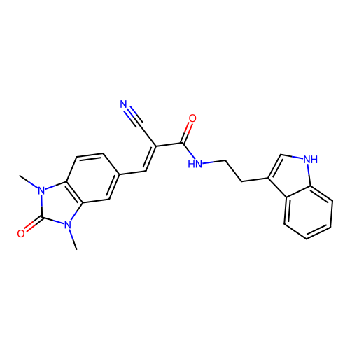 (2E)-2-cyano-3-(1,3-dimethyl-2-oxo-2,3-dihydro-1H-benzimidazol-5-yl)-N-[2-(1H-indol-3-yl)ethyl]prop-2-enamide structure