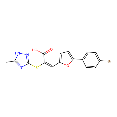 (2E)-3-[5-(4-bromophenyl)furan-2-yl]-2-[(3-methyl-1H-1,2,4-triazol-4-ium-5-yl)sulfanyl]prop-2-enoate structure