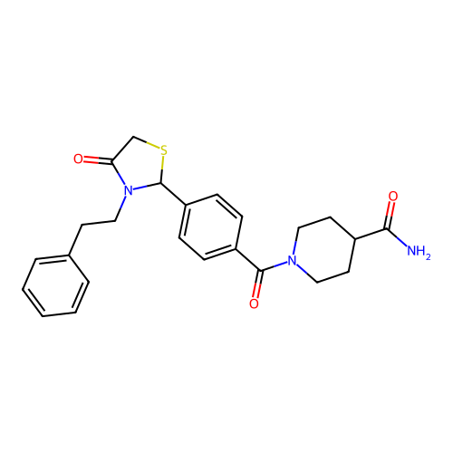 1-({4-[4-oxo-3-(2-phenylethyl)-1,3-thiazolidin-2-yl]phenyl}carbonyl)piperidine-4-carboxamide structure