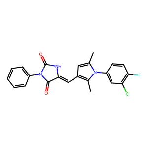 (5E)-5-[[1-(3-chloro-4-fluorophenyl)-2,5-dimethylpyrrol-3-yl]methylidene]-3-phenylimidazolidine-2,4-dione structure