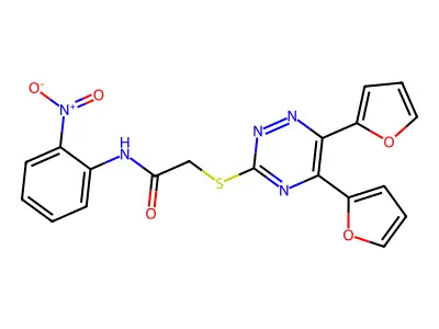 2-[[5,6-bis(furan-2-yl)-1,2,4-triazin-3-yl]sulfanyl]-N-(2-nitrophenyl)acetamide structure