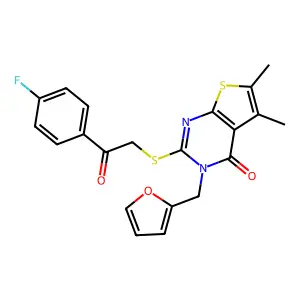2-((2-(4-fluorophenyl)-2-oxoethyl)thio)-3-(furan-2-ylmethyl)-5,6-dimethylthieno[2,3-d]pyrimidin-4(3H)-one structure