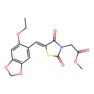 methyl {(5E)-5-[(6-ethoxy-1,3-benzodioxol-5-yl)methylidene]-2,4-dioxo-1,3-thiazolidin-3-yl}acetate structure