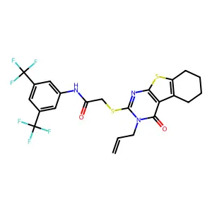 N-[3,5-bis(trifluoromethyl)phenyl]-2-{[4-oxo-3-(prop-2-en-1-yl)-3,4,5,6,7,8-hexahydro[1]benzothieno[2,3-d]pyrimidin-2-yl]sulfanyl}acetamide structure