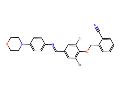 2-({2,6-dibromo-4-[(E)-{[4-(morpholin-4-yl)phenyl]imino}methyl]phenoxy}methyl)benzonitrile structure
