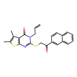 5,6-dimethyl-2-{[2-(naphthalen-2-yl)-2-oxoethyl]sulfanyl}-3-(prop-2-en-1-yl)thieno[2,3-d]pyrimidin-4(3H)-one structure