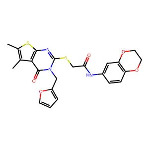 N-(2,3-dihydro-1,4-benzodioxin-6-yl)-2-{[3-(furan-2-ylmethyl)-5,6-dimethyl-4-oxo-3,4-dihydrothieno[2,3-d]pyrimidin-2-yl]sulfanyl}acetamide structure