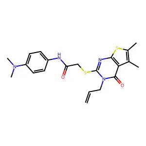 N-[4-(dimethylamino)phenyl]-2-(5,6-dimethyl-4-oxo-3-prop-2-enyl(3-hydrothiophe no[2,3-d]pyrimidin-2-ylthio))acetamide structure