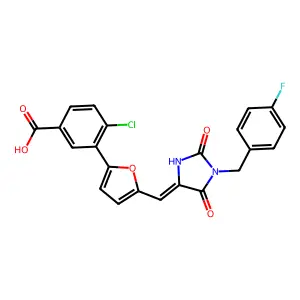 (E)-4-chloro-3-(5-((1-(4-fluorobenzyl)-2,5-dioxoimidazolidin-4-ylidene)methyl)furan-2-yl)benzoic acid structure