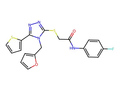 N-(4-fluorophenyl)-2-{[4-(furan-2-ylmethyl)-5-(thiophen-2-yl)-4H-1,2,4-triazol-3-yl]sulfanyl}acetamide structure