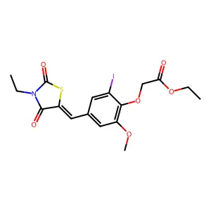 ethyl {4-[(E)-(3-ethyl-2,4-dioxo-1,3-thiazolidin-5-ylidene)methyl]-2-iodo-6-methoxyphenoxy}acetate structure