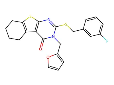 2-[(3-fluorobenzyl)sulfanyl]-3-(furan-2-ylmethyl)-5,6,7,8-tetrahydro[1]benzothieno[2,3-d]pyrimidin-4(3H)-one structure