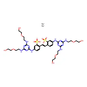 Benzenesulfonic acid, 2,2'-(1,2-ethenediyl)bis[5-[[4,6-bis[[2-(2-hydroxyethoxy)ethyl]amino]-1,3,5-triazin-2-yl]amino]-, disodium salt structure