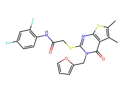 N-(2,4-difluorophenyl)-2-{[3-(furan-2-ylmethyl)-5,6-dimethyl-4-oxo-3,4-dihydrothieno[2,3-d]pyrimidin-2-yl]sulfanyl}acetamide structure