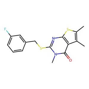2-[(3-fluorobenzyl)sulfanyl]-3,5,6-trimethylthieno[2,3-d]pyrimidin-4(3H)-one structure