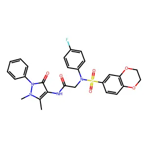 2-[N-(2,3-dihydro-1,4-benzodioxin-6-ylsulfonyl)-4-fluoroanilino]-N-(1,5-dimethyl-3-oxo-2-phenylpyrazol-4-yl)acetamide structure