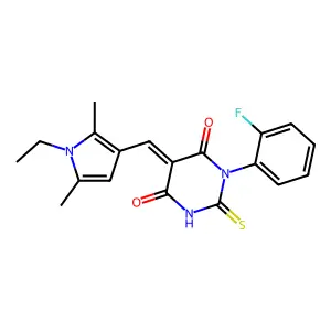 (5E)-5-[(1-ethyl-2,5-dimethyl-1H-pyrrol-3-yl)methylidene]-1-(2-fluorophenyl)-2-thioxodihydropyrimidine-4,6(1H,5H)-dione structure