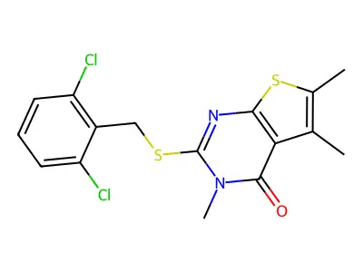 2-[(2,6-dichlorobenzyl)sulfanyl]-3,5,6-trimethylthieno[2,3-d]pyrimidin-4(3H)-one structure