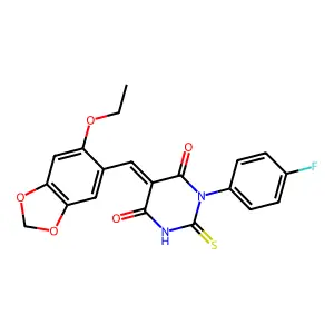(5E)-5-[(6-ethoxy-1,3-benzodioxol-5-yl)methylidene]-1-(4-fluorophenyl)-2-sulfanylidene-1,3-diazinane-4,6-dione structure