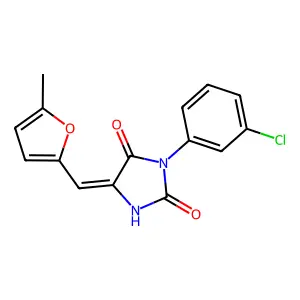 (5E)-3-(3-chlorophenyl)-5-[(5-methylfuran-2-yl)methylidene]imidazolidine-2,4-dione structure