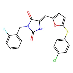 (5E)-5-({5-[(4-chlorophenyl)sulfanyl]furan-2-yl}methylidene)-3-(2-fluorobenzyl)imidazolidine-2,4-dione structure