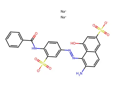 Disodium 6-amino-5-((4-(benzoylamino)-3-sulphonatophenyl)azo)-4-hydroxynaphthalene-2-sulphonate structure