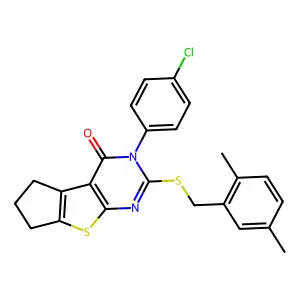 3-(4-chlorophenyl)-2-[(2,5-dimethylbenzyl)sulfanyl]-3,5,6,7-tetrahydro-4H-cyclopenta[4,5]thieno[2,3-d]pyrimidin-4-one structure