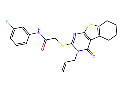 N-(3-fluorophenyl)-2-(4-oxo-3-prop-2-enyl(3,5,6,7,8-pentahydrobenzo[b]thiophen o[2,3-d]pyrimidin-2-ylthio))acetamide structure
