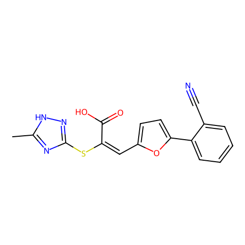 (2E)-3-[5-(2-cyanophenyl)furan-2-yl]-2-[(3-methyl-1H-1,2,4-triazol-4-ium-5-yl)sulfanyl]prop-2-enoate structure