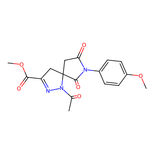 methyl 1-acetyl-7-(4-methoxyphenyl)-6,8-dioxo-1,2,7-triazaspiro[4.4]non-2-ene-3-carboxylate structure
