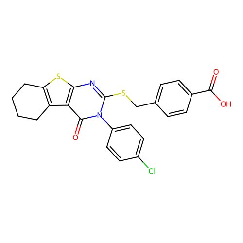 4-(((3-(4-chlorophenyl)-4-oxo-3,4,5,6,7,8-hexahydrobenzo[4,5]thieno[2,3-d]pyrimidin-2-yl)thio)methyl)benzoic acid structure