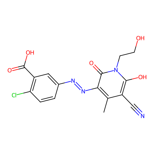 (E)-2-chloro-5-(2-(5-cyano-1-(2-hydroxyethyl)-4-methyl-2,6-dioxo-1,6-dihydropyridin-3(2H)-ylidene)hydrazinyl)benzoic acid structure