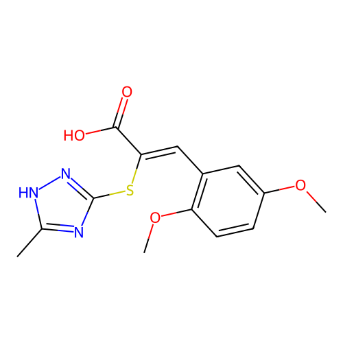 (Z)-3-(2,5-dimethoxyphenyl)-2-((5-methyl-4H-1,2,4-triazol-3-yl)thio)acrylic acid structure