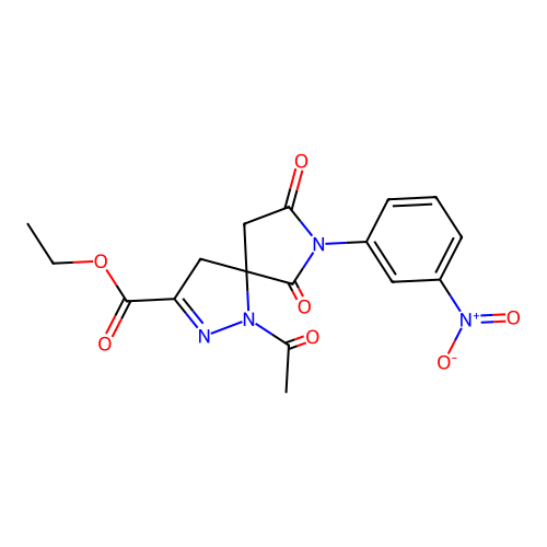 ethyl 1-acetyl-7-(3-nitrophenyl)-6,8-dioxo-1,2,7-triazaspiro[4.4]non-2-ene-3-carboxylate structure