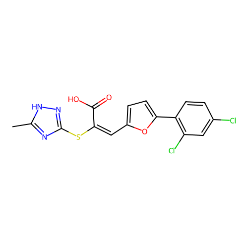 (2E)-3-[5-(2,4-dichlorophenyl)furan-2-yl]-2-[(3-methyl-1H-1,2,4-triazol-4-ium-5-yl)sulfanyl]prop-2-enoate structure