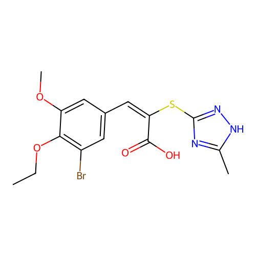 (2E)-3-(3-bromo-4-ethoxy-5-methoxyphenyl)-2-[(3-methyl-1H-1,2,4-triazol-4-ium-5-yl)sulfanyl]prop-2-enoate structure
