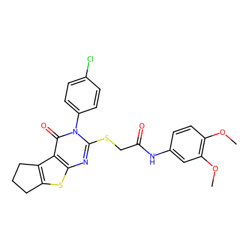 2-((3-(4-chlorophenyl)-4-oxo-4,5,6,7-tetrahydro-3H-cyclopenta[4,5]thieno[2,3-d]pyrimidin-2-yl)thio)-N-(3,4-dimethoxyphenyl)acetamide structure