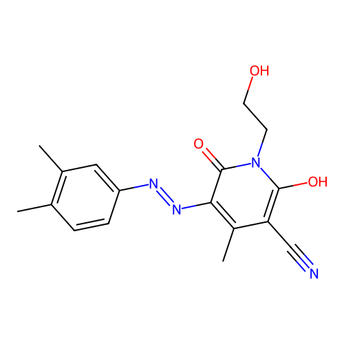 (5E)-5-[(3,4-dimethylphenyl)hydrazinylidene]-1-(2-hydroxyethyl)-4-methyl-2,6-dioxopyridine-3-carbonitrile structure