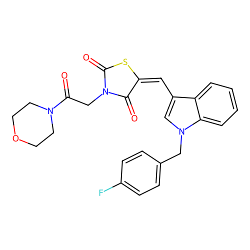 (5E)-5-{[1-(4-fluorobenzyl)-1H-indol-3-yl]methylidene}-3-[2-(morpholin-4-yl)-2-oxoethyl]-1,3-thiazolidine-2,4-dione structure