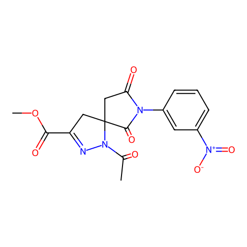 methyl 1-acetyl-7-(3-nitrophenyl)-6,8-dioxo-1,2,7-triazaspiro[4.4]non-2-ene-3-carboxylate structure