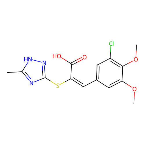 (2E)-3-(3-chloro-4,5-dimethoxyphenyl)-2-[(3-methyl-1H-1,2,4-triazol-4-ium-5-yl)sulfanyl]prop-2-enoate structure
