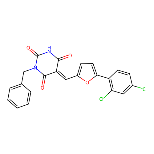 (5E)-1-benzyl-5-[[5-(2,4-dichlorophenyl)furan-2-yl]methylidene]-1,3-diazinane-2,4,6-trione structure