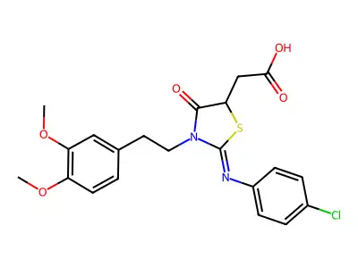 2-((4-Chlorophenyl)imino)-3-(2-(3,4-dimethoxyphenyl)ethyl)-4-oxo-5-thiazolidineacetic acid structure