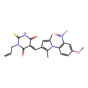 (5Z)-5-[[1-(4-methoxy-2-nitrophenyl)-2,5-dimethylpyrrol-3-yl]methylidene]-1-prop-2-enyl-2-sulfanylidene-1,3-diazinane-4,6-dione structure