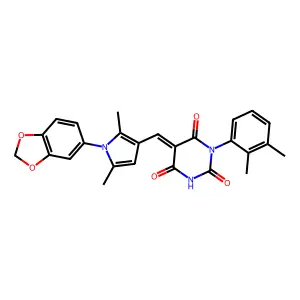 (5E)-5-[[1-(1,3-benzodioxol-5-yl)-2,5-dimethylpyrrol-3-yl]methylidene]-1-(2,3-dimethylphenyl)-1,3-diazinane-2,4,6-trione structure