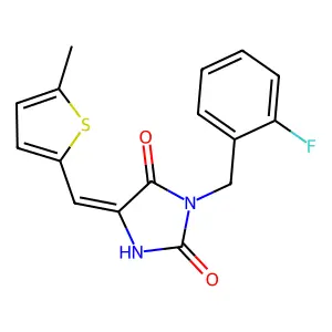 (5E)-3-[(2-fluorophenyl)methyl]-5-[(5-methylthiophen-2-yl)methylidene]imidazolidine-2,4-dione structure