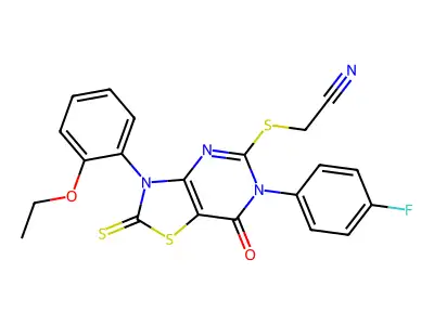 2-[[3-(2-ethoxyphenyl)-6-(4-fluorophenyl)-7-oxo-2-sulfanylidene-[1,3]thiazolo[4,5-d]pyrimidin-5-yl]sulfanyl]acetonitrile structure