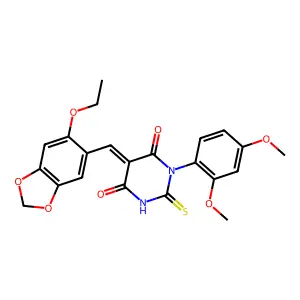 (5E)-1-(2,4-dimethoxyphenyl)-5-[(6-ethoxy-1,3-benzodioxol-5-yl)methylidene]-2-sulfanylidene-1,3-diazinane-4,6-dione structure