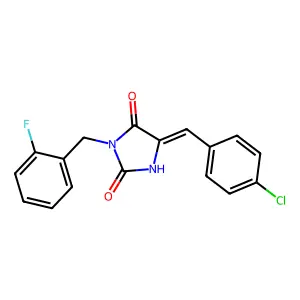(5E)-5-[(4-chlorophenyl)methylidene]-3-[(2-fluorophenyl)methyl]imidazolidine-2,4-dione structure