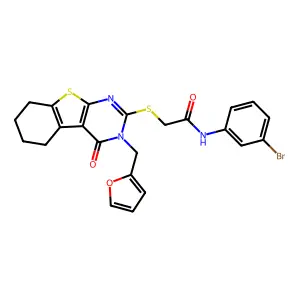 N-(3-bromophenyl)-2-[3-(2-furylmethyl)-4-oxo(3,5,6,7,8-pentahydrobenzo[b]thiop heno[2,3-d]pyrimidin-2-ylthio)]acetamide structure
